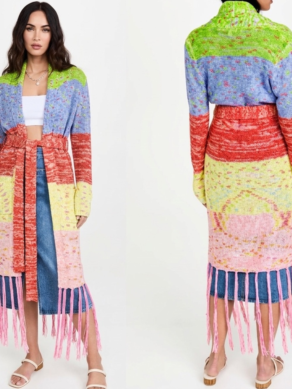 Anthropologie 525 America Rydell Red Multi Fringe Long Belted Knit Cardigan XS